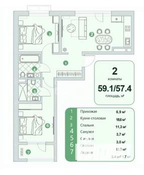 2-к квартира, на длительный срок, 60м2, 4/4 этаж