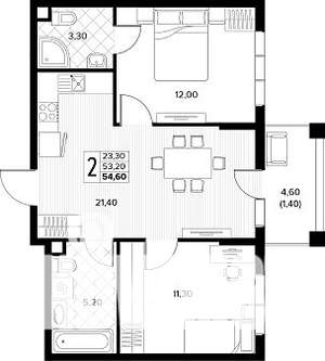 2-к квартира, строящийся дом, 55м2, 1/8 этаж