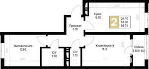2-к квартира, строящийся дом, 53м2, 3/12 этаж