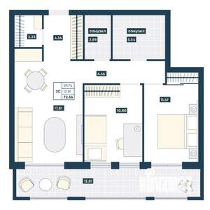 2-к квартира, вторичка, 73м2, 2/9 этаж