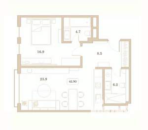 1-к квартира, вторичка, 62м2, 6/7 этаж