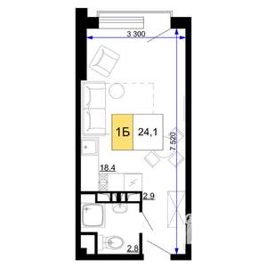 1-к квартира, вторичка, 24м2, 7/9 этаж