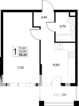 1-к квартира, строящийся дом, 35м2, 2/8 этаж