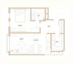1-к квартира, вторичка, 62м2, 6/7 этаж