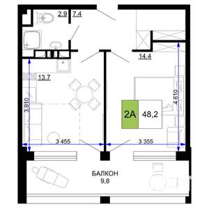 2-к квартира, строящийся дом, 48м2, 5/9 этаж