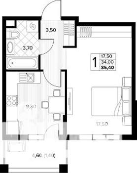 1-к квартира, строящийся дом, 35м2, 2/8 этаж