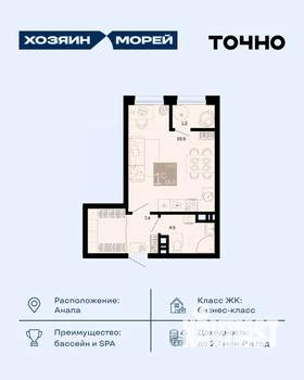 Студия квартира, вторичка, 33м2, 6/9 этаж