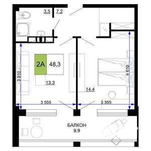 2-к квартира, строящийся дом, 48м2, 8/9 этаж