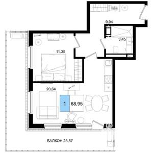 1-к квартира, строящийся дом, 69м2, 7/8 этаж