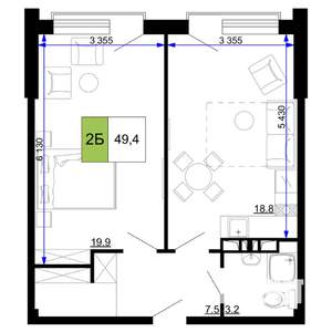 2-к квартира, строящийся дом, 49м2, 7/9 этаж