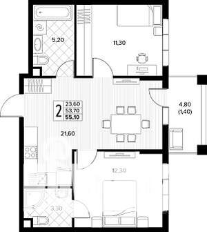 2-к квартира, строящийся дом, 55м2, 1/8 этаж
