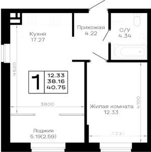 1-к квартира, строящийся дом, 41м2, 2/4 этаж