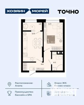 1-к квартира, вторичка, 36м2, 8/9 этаж