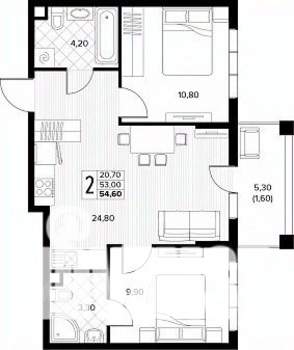2-к квартира, строящийся дом, 55м2, 1/8 этаж