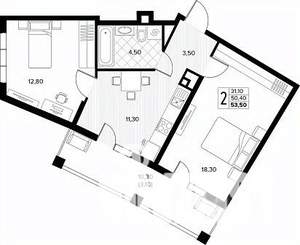 2-к квартира, строящийся дом, 54м2, 6/8 этаж