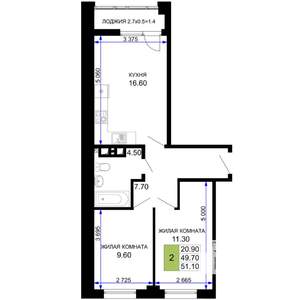 2-к квартира, вторичка, 51м2, 6/9 этаж