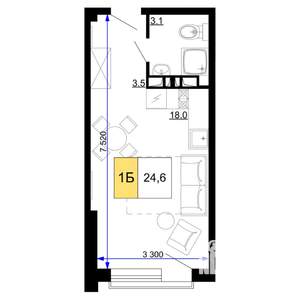 1-к квартира, вторичка, 25м2, 8/9 этаж