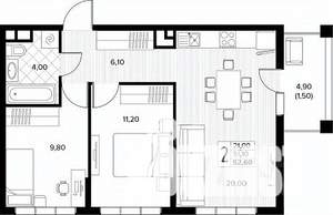2-к квартира, строящийся дом, 53м2, 6/8 этаж