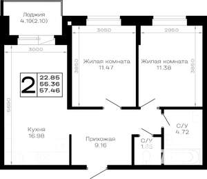 2-к квартира, строящийся дом, 57м2, 4/4 этаж