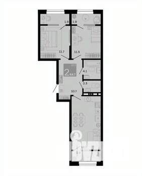 2-к квартира, вторичка, 65м2, 7/12 этаж