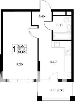 1-к квартира, строящийся дом, 35м2, 3/8 этаж
