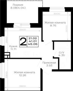 2-к квартира, строящийся дом, 45м2, 3/4 этаж