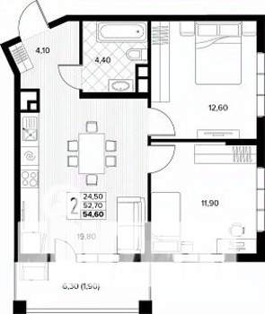 2-к квартира, строящийся дом, 55м2, 3/8 этаж