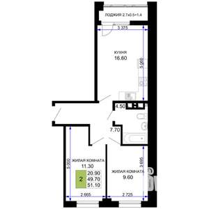 2-к квартира, вторичка, 51м2, 5/9 этаж