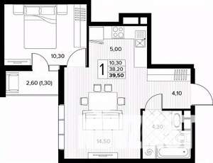 1-к квартира, строящийся дом, 40м2, 6/8 этаж