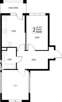 2-к квартира, строящийся дом, 52м2, 2/8 этаж