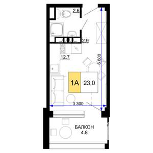 1-к квартира, строящийся дом, 23м2, 3/9 этаж