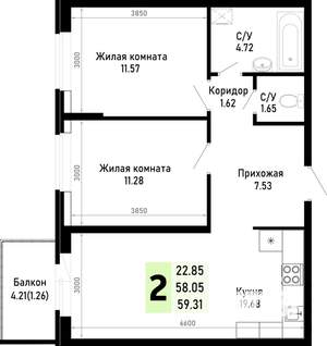 2-к квартира, вторичка, 59м2, 4/4 этаж
