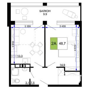 2-к квартира, строящийся дом, 49м2, 2/9 этаж