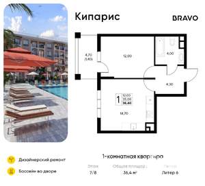 1-к квартира, вторичка, 36м2, 7/8 этаж