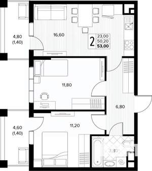 2-к квартира, вторичка, 53м2, 3/8 этаж