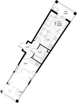 1-к квартира, строящийся дом, 43м2, 2/8 этаж