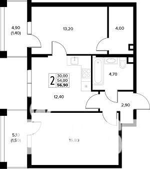 2-к квартира, строящийся дом, 57м2, 1/8 этаж