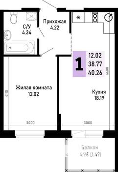 1-к квартира, строящийся дом, 40м2, 3/4 этаж
