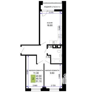 2-к квартира, строящийся дом, 51м2, 9/12 этаж