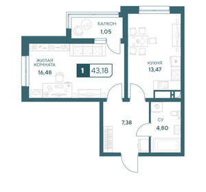 1-к квартира, вторичка, 43м2, 3/20 этаж