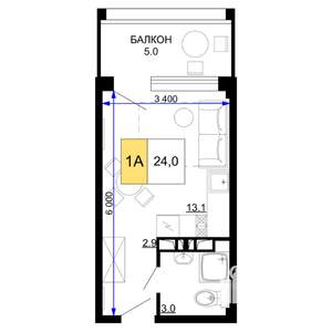 1-к квартира, строящийся дом, 24м2, 6/9 этаж