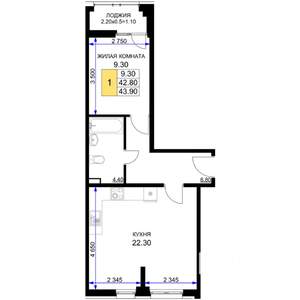 1-к квартира, строящийся дом, 44м2, 2/12 этаж