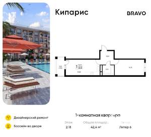 1-к квартира, вторичка, 42м2, 2/8 этаж