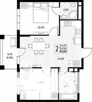 2-к квартира, строящийся дом, 54м2, 4/8 этаж
