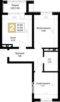 2-к квартира, строящийся дом, 49м2, 6/12 этаж