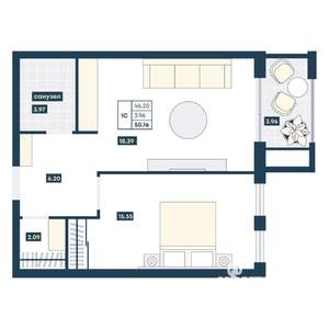 1-к квартира, вторичка, 50м2, 6/9 этаж