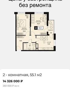 2-к квартира, вторичка, 55м2, 8/15 этаж