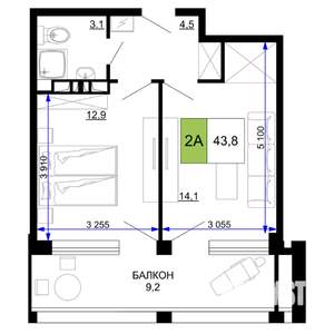 2-к квартира, строящийся дом, 44м2, 9/9 этаж