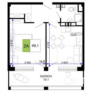 2-к квартира, строящийся дом, 49м2, 9/9 этаж