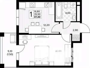 1-к квартира, строящийся дом, 37м2, 4/8 этаж